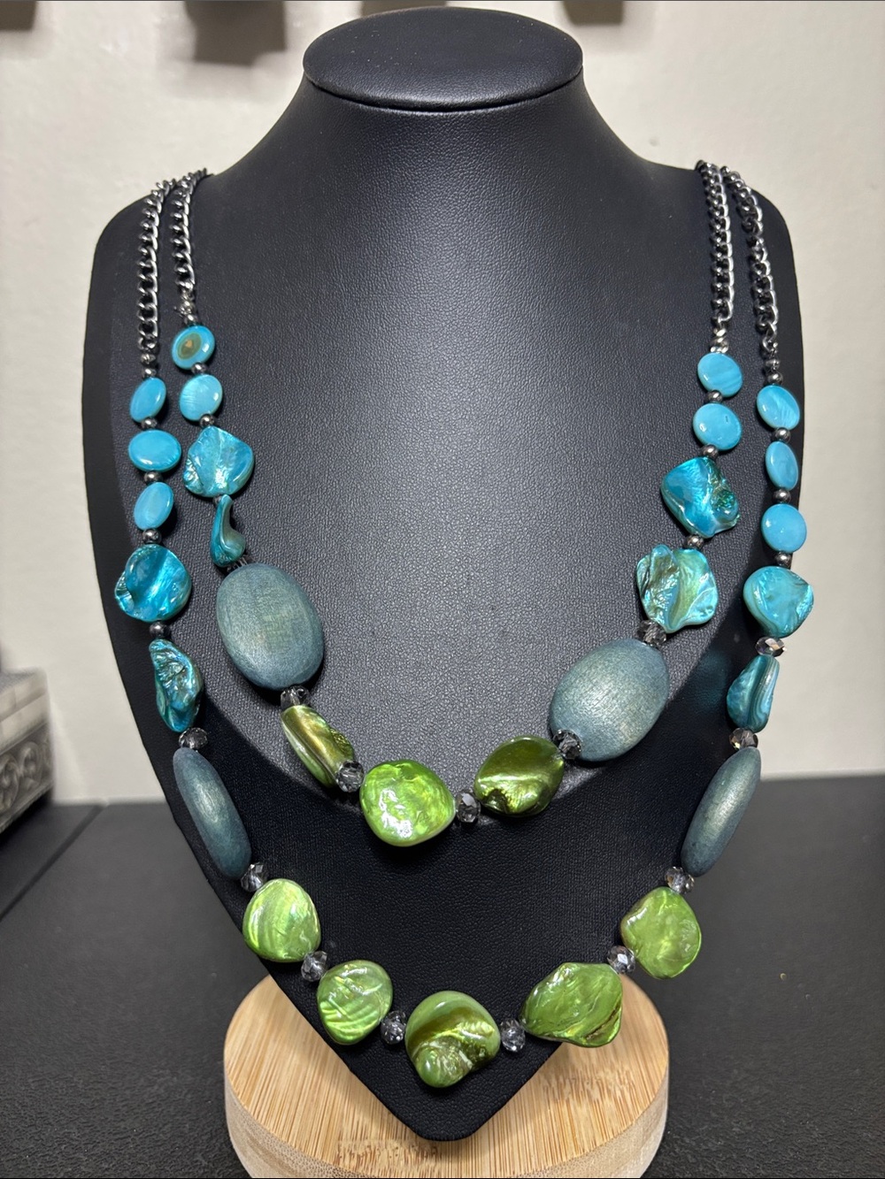 Layered Blue and Green Shell Boho Statement Beaded Necklace